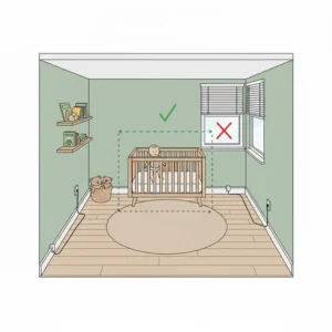 Image of a crib mattress set at its lowest, safest position for baby proofing an active infant in a small crib. 