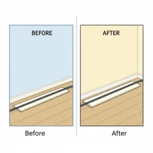 A grey floor cord cover safely concealing an electrical cord, preventing tripping hazards and keeping cords away from babies.