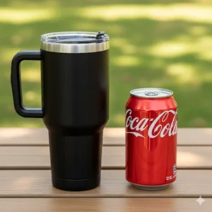 A 24oz tumbler with handle placed next to a standard 12oz can for a size comparison.