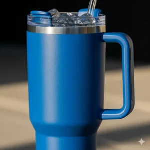  This image shows no condensation on the exterior of a 32 oz insulated tumbler with handle, highlighting its sweat-proof, double-wall vacuum insulation.