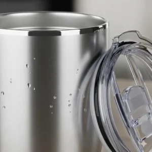 Detailed shot of the stainless steel construction of the durable 12 oz insulated tumbler with lid, emphasizing its rust-proof and long-lasting quality.