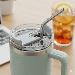 Close-up of the leak-proof lid and reusable straw of a popular best 30 oz tumbler with handle.