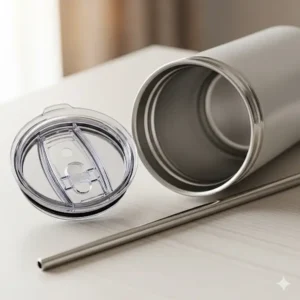 A close-up of a 24 oz stainless steel tumbler with its lid and straw detached, emphasizing its easy-to-clean design.