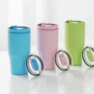 A vibrant display of the 12 oz insulated tumbler with lid in various available colors, including blue, pink, and green.