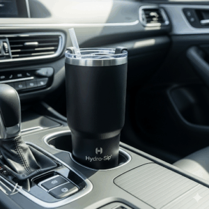 A 32 oz insulated tumbler perfectly fitting into a standard car cup holder.