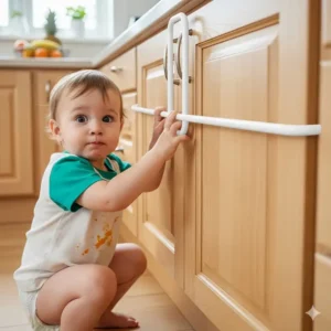 A toddler is safely unable to open a kitchen cabinet door, which is secured by a baby proof cabinet lock without drilling.