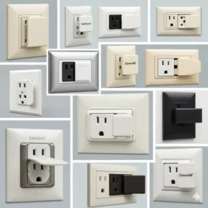 An image collage showing various styles and brands of baby proof electrical outlets with sliding covers for child safety. 