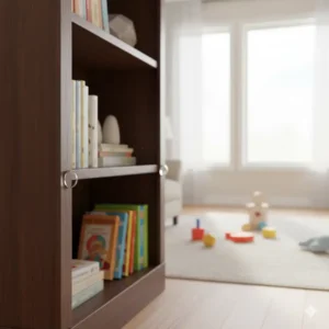 An image showing a clear, spherical corner guard discreetly applied to the lower corner of a tall wooden bookcase. 