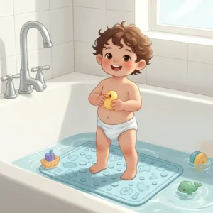 An illustration depicting a toddler standing confidently and securely on a non-slip bath mat, emphasizing stability and protection against slips for non slip bath mats baby safety.