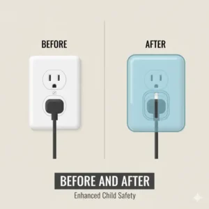 A side-by-side illustration showing an uncovered electrical outlet and the same outlet protected by a securely fitted cover, demonstrating the best outlet covers that don't pop out.