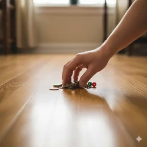 A hand sweeps small, loose items like coins and buttons from a section of a hardwood floor, a crucial step in preparing the space for a crawling baby, and an effective tips for baby proofing hardwood floors.
