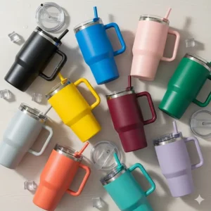 A flat-lay photo showcasing multiple color options of the 24oz tumbler with handle.