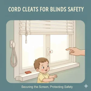 An image of a cord shortener attached to a blind cord loop, illustrating how to reduce the length of a cord and eliminate a strangulation risk for a small child, a key aspect of baby proofing windows and blinds safety.