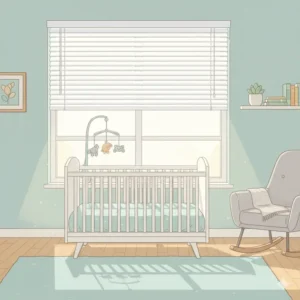 A peaceful nursery room featuring stylish and safe cordless window blinds, ensuring a secure environment for cordless window blind safety for kids.