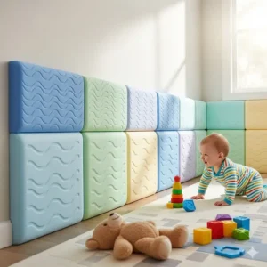 A set of textured, non-toxic foam bumpers attached to a playroom wall to prevent injuries, illustrating a practical baby proofing solution.