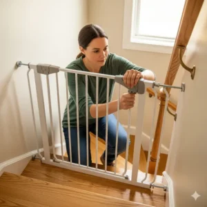 An image showing the process of securely attaching the main safety gate to the pre-installed mounting hardware, a crucial step for installing safety gates at top of stairs.