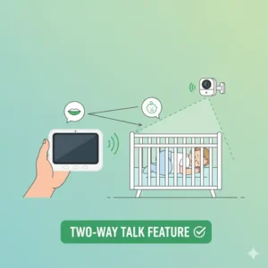 A parent talking into a baby monitor parent unit, with a speech bubble extending towards a baby in a crib, illustrating the two-way talk feature of safe baby monitor options wireless.