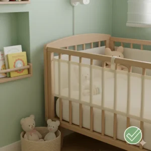 A small, soft toy safely placed within a baby proofed crib, suitable for a compact nursery environment. 