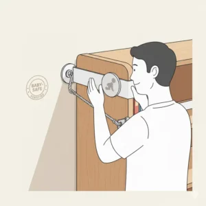 A parent gently pushing on a bookshelf to test its stability after being secured to the wall to ensure it is safe for a baby.