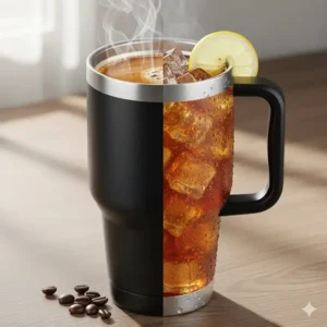 A versatile 32 oz insulated tumbler with handle is shown holding both a hot coffee and a cold iced tea, demonstrating its use for any beverage.