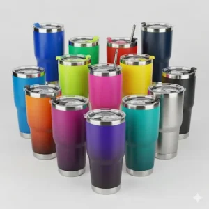 A collection of 24 oz stainless steel tumblers in various vibrant colors, showcasing the available options.
