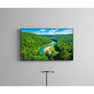 A wall-mounted TV with all electrical cords hidden inside the wall, demonstrating a clean and safe way to keep cords out of baby reach.