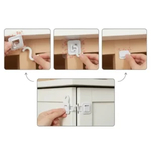 A simple, step-by-step graphic showing the process of installing a baby proof cabinet lock without drilling.