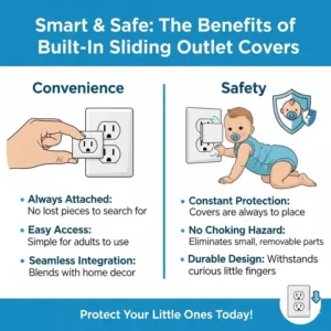 An infographic highlighting the key benefits of using baby proof electrical outlets with sliding covers, such as convenience and safety. 