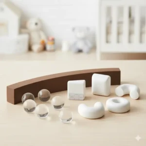 An arrangement of various types of corner guards, including clear silicone, brown foam, and white rubber, to show different options available for baby-proofing furniture. 