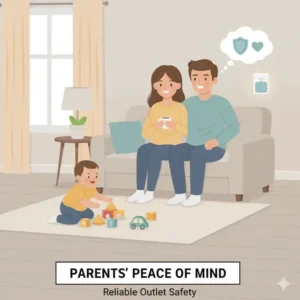 An illustration depicting relaxed parents in a child-safe home, emphasizing the peace of mind offered by the best outlet covers that don't pop out.