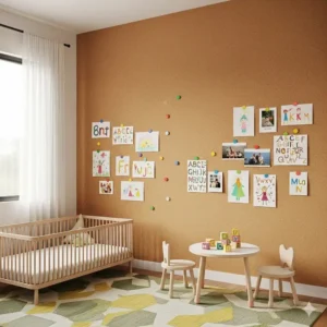 A child's bedroom with a large, non-toxic cork board wall, showcasing a safe, impact-absorbing surface for creative play and non-toxic baby proofing.