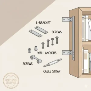 A flat lay of all the necessary hardware components, such as screws, bolts, and straps, for securing a bookshelf to a wall.