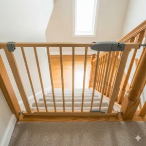 A visual of a parent shaking the newly installed safety gate to test its stability and make sure it is strong enough to withstand pressure, a key step when installing safety gates at top of stairs.