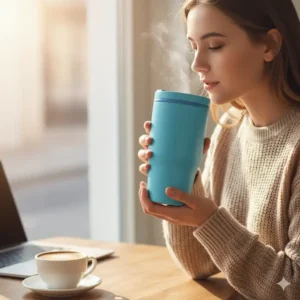A person holding the 12 oz insulated tumbler with lid, using it for their hot morning coffee on the go.