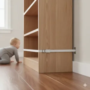 A sturdy anti-tip strap anchors a tall bookshelf to the wall, a vital safety tip to prevent heavy furniture from toppling over onto a baby. This is one of the best tips for baby proofing hardwood floors.