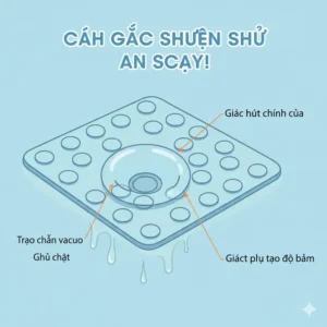 A cartoon diagram illustrating how suction cups on the underside of a non-slip bath mat create a strong hold to the tub, vital for non slip bath mats baby safety.