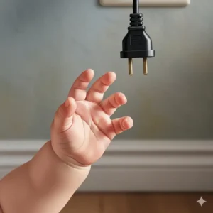 A toddler's hand reaching for a dangling electrical cord, highlighting the potential danger and need to secure cords out of a baby's reach.