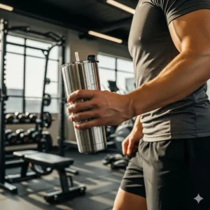 A person holding a 24 oz stainless steel tumbler at the gym, representing its use for fitness and hydration.