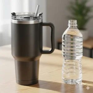  A visual comparison showing the large capacity of the 32 oz insulated tumbler with handle next to a standard water bottle, highlighting its generous size.