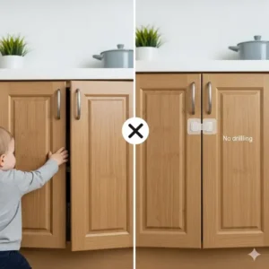 A side-by-side comparison of a cabinet before and after the installation of a baby proof cabinet lock without drilling.