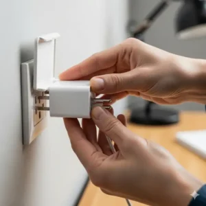 A photo of an adult easily plugging a device into a baby proof electrical outlets with sliding covers.
