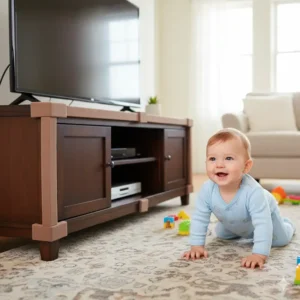 A happy baby is safely crawling on a rug towards a properly baby-proofed TV stand with all sharp corners covered.