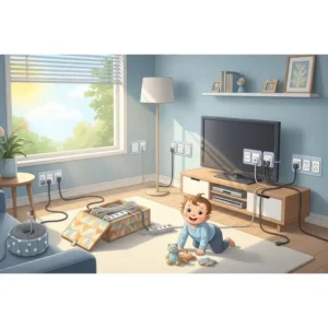 A fully baby-proofed room with various safety measures for electrical cords, showing how to create a safe environment for your child.