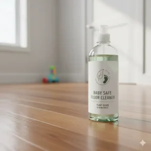 A bottle of non-toxic, baby-safe cleaning solution is shown on a clean hardwood floor, highlighting the importance of using safe products to clean and maintain floors for babies, and a key tips for baby proofing hardwood floors.