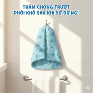 An illustration of a non-slip bath mat hanging on a hook to air dry, promoting hygiene and prolonging the life of the essential non slip bath mats baby safety product.
