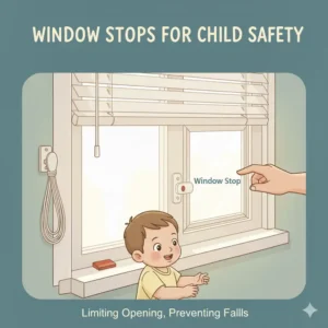 A collage of different child-safe window covering options, including cordless shades, shutters, and motorized blinds, providing a visual guide to various safe choices for families with young children, all contributing to baby proofing windows and blinds safety.