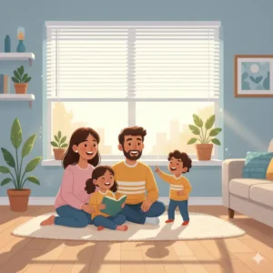 A family enjoying natural light filtering through modern cordless window blinds, highlighting the aesthetic and cordless window blind safety for kids.