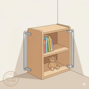 A visual showing a bookshelf being secured to the wall in a corner using an additional brace for maximum stability and baby safety.