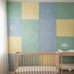 A nursery wall covered with a soft, quilted fabric tapestry, demonstrating a decorative yet functional non-toxic wall covering for baby safety.