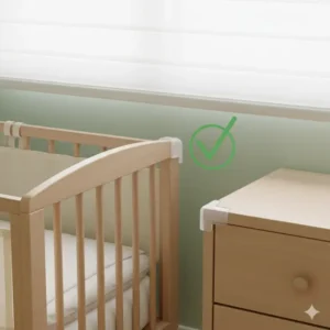 Soft corner protectors applied to furniture edges near a baby proofed crib, enhancing safety in a small room layout.